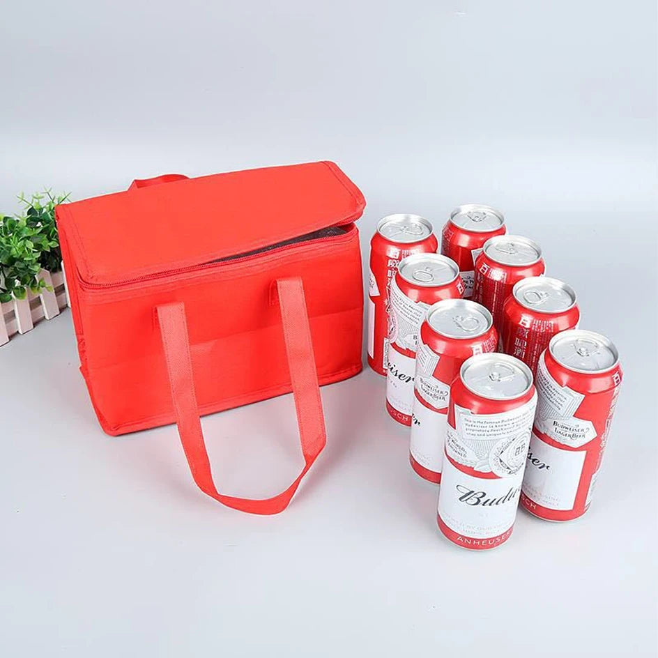 Red cooler bag with Budweiser cans on a white background