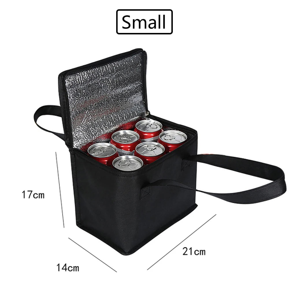 Small black insulated cooler bag with red cans inside, showing dimensions on a white background.