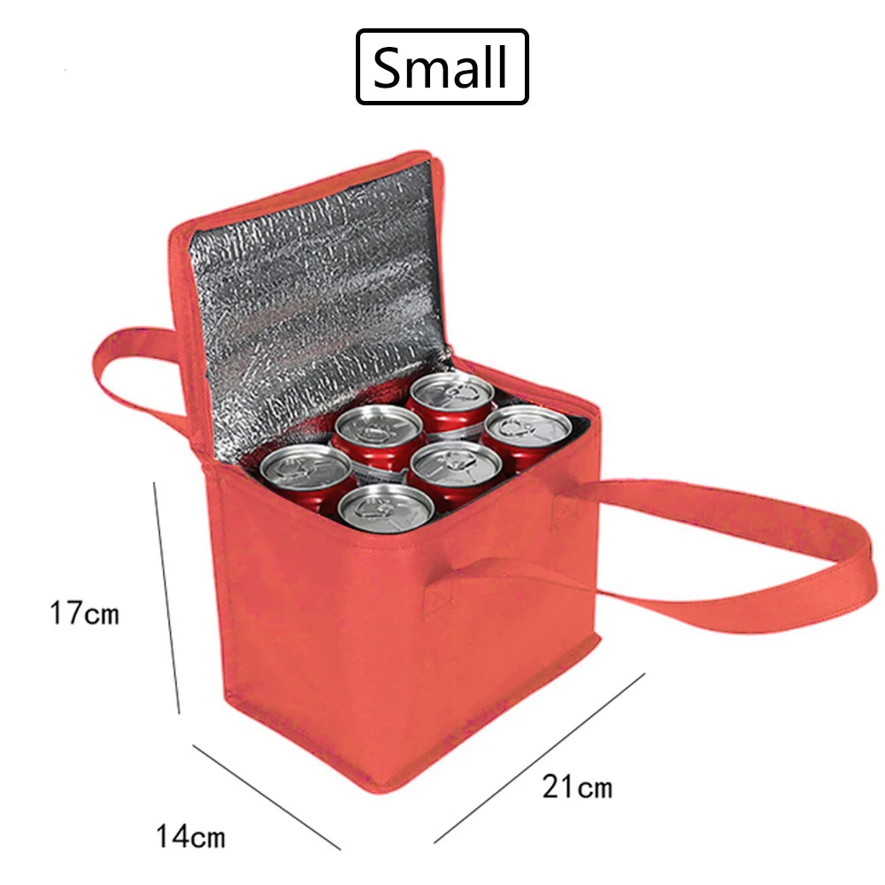 Red insulated cooler bag with six cans inside, showing dimensions on a white background.