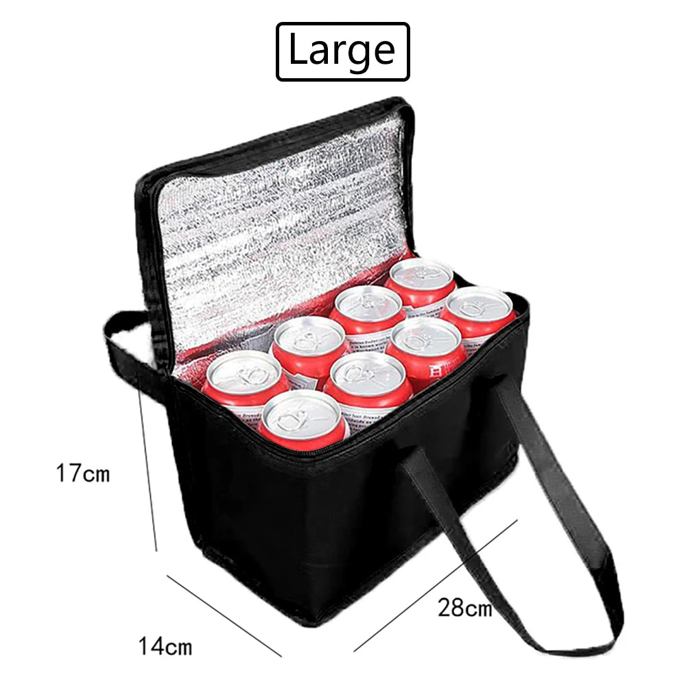 Black insulated cooler bag with red cans inside, showing dimensions on a white background
