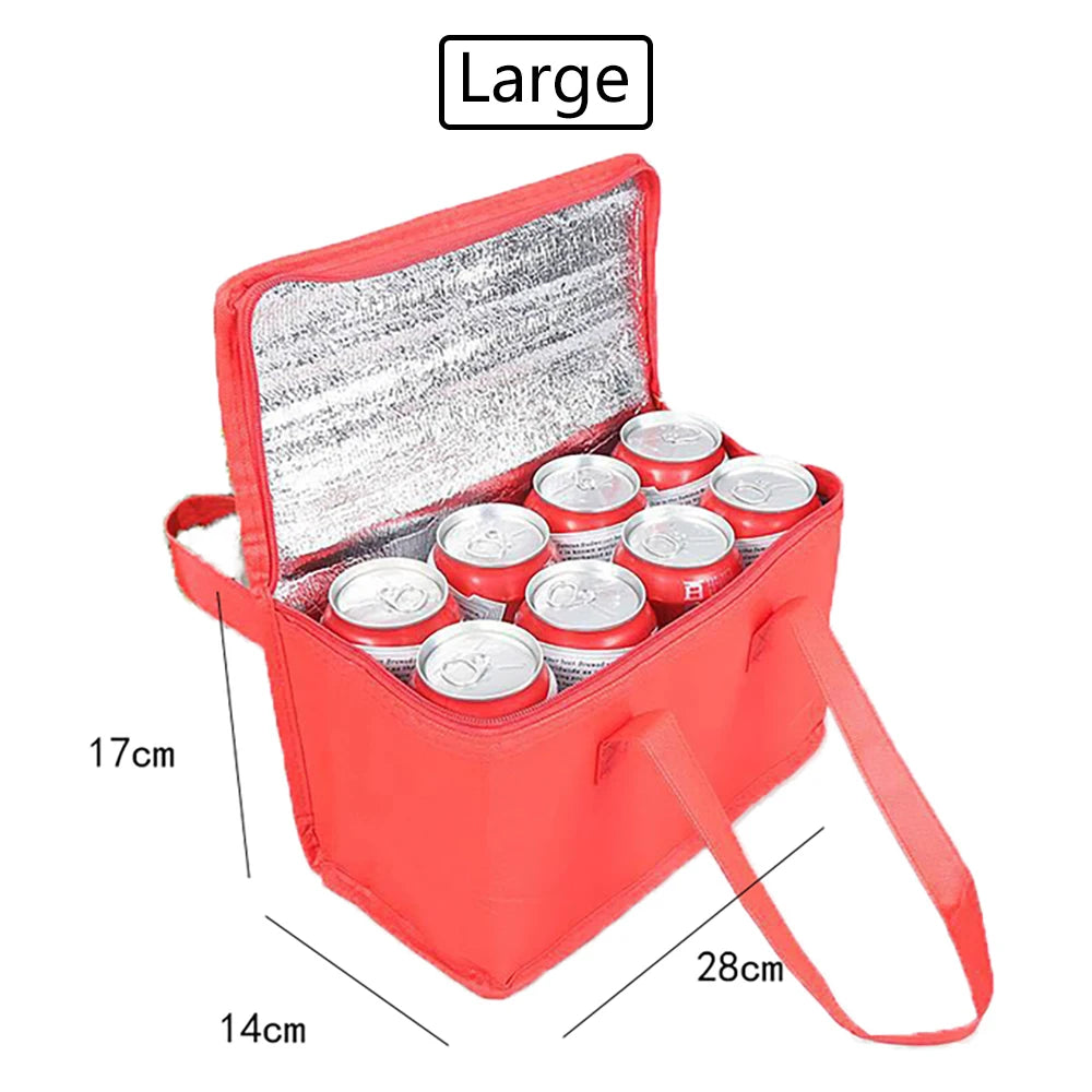 Red insulated cooler bag with cans inside, showing dimensions on a white background