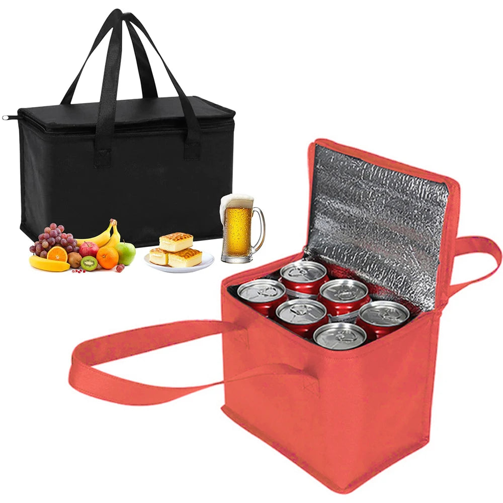 Red insulated cooler bag with drinks, black tote bag, and food items on a white background