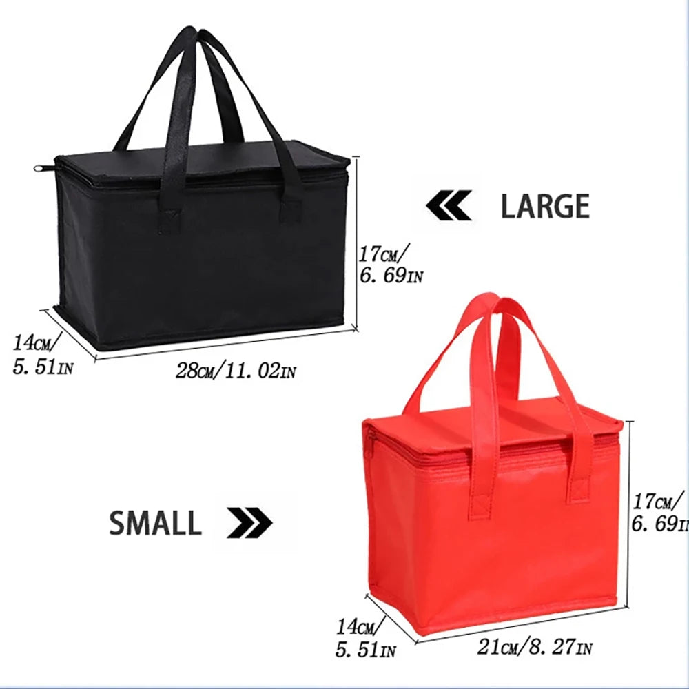 Black and red insulated bags with measurements on a white background