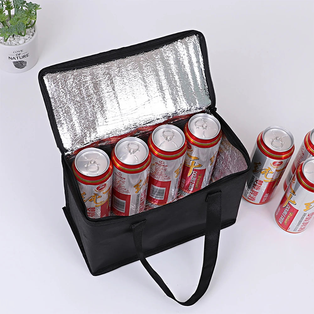 Insulated cooler bag with beer cans on a white background