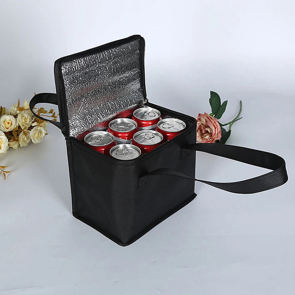 Black insulated cooler bag with cans on a white background