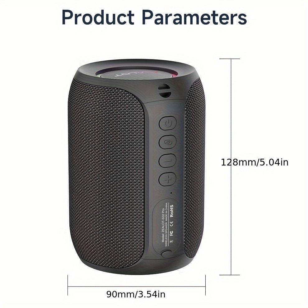 Black portable speaker with dimensions on a white background