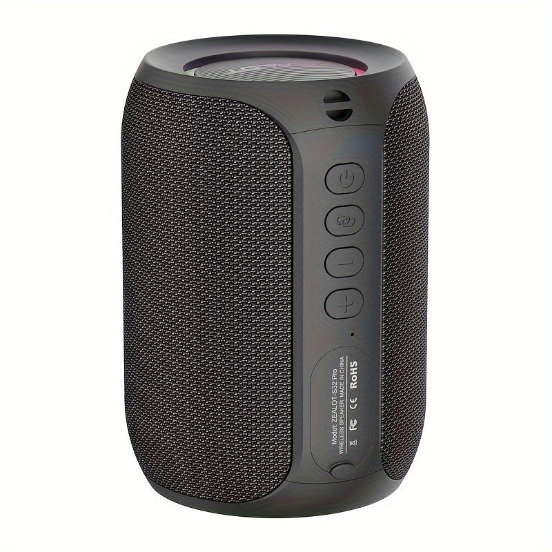 Black portable speaker with buttons on a white background