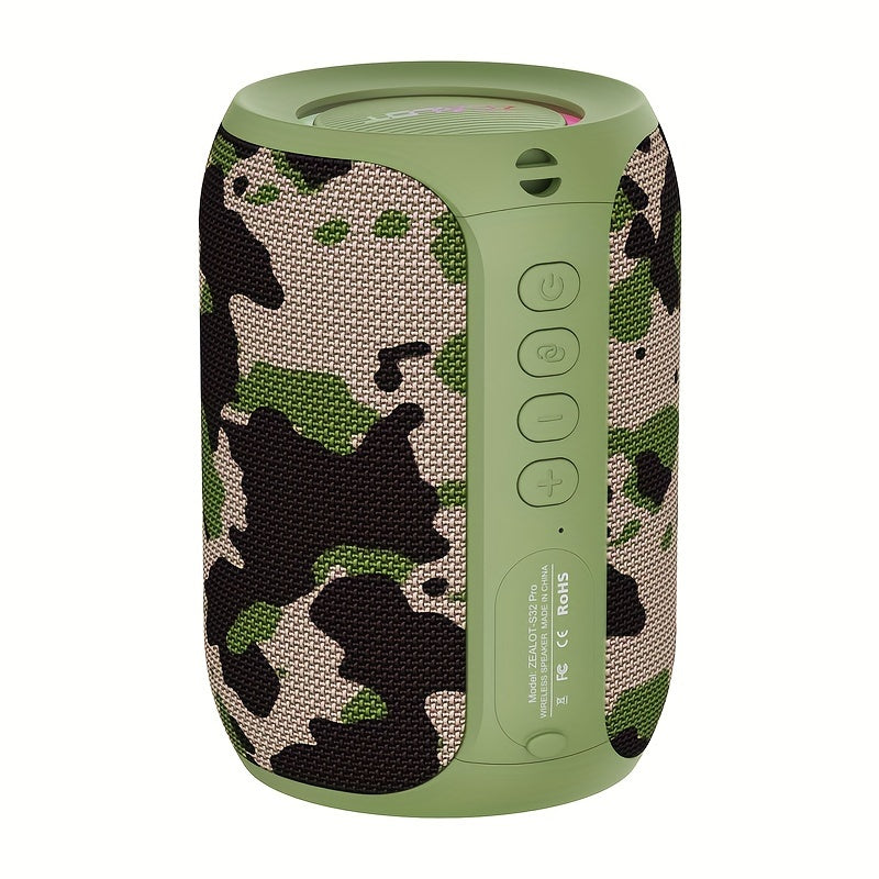 Camouflage-patterned portable speaker on a white background