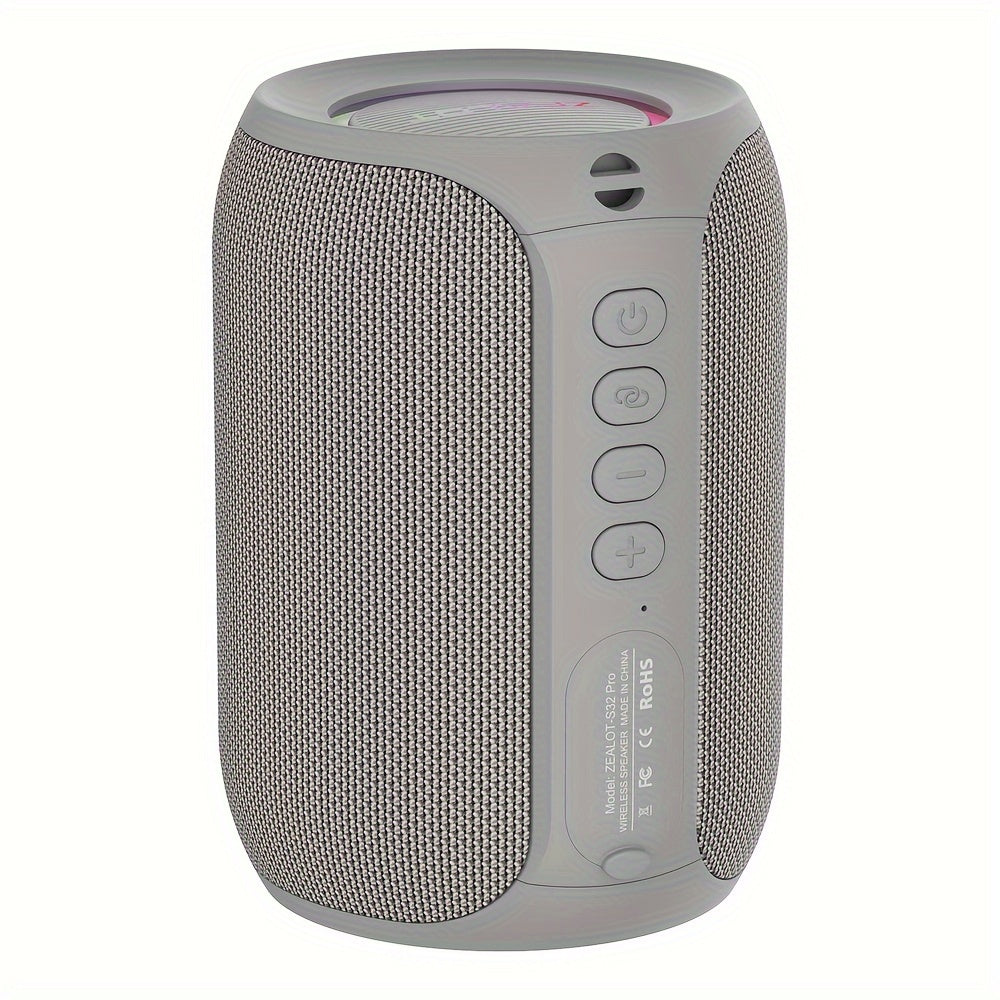 Gray textured portable speaker with control buttons on a white background