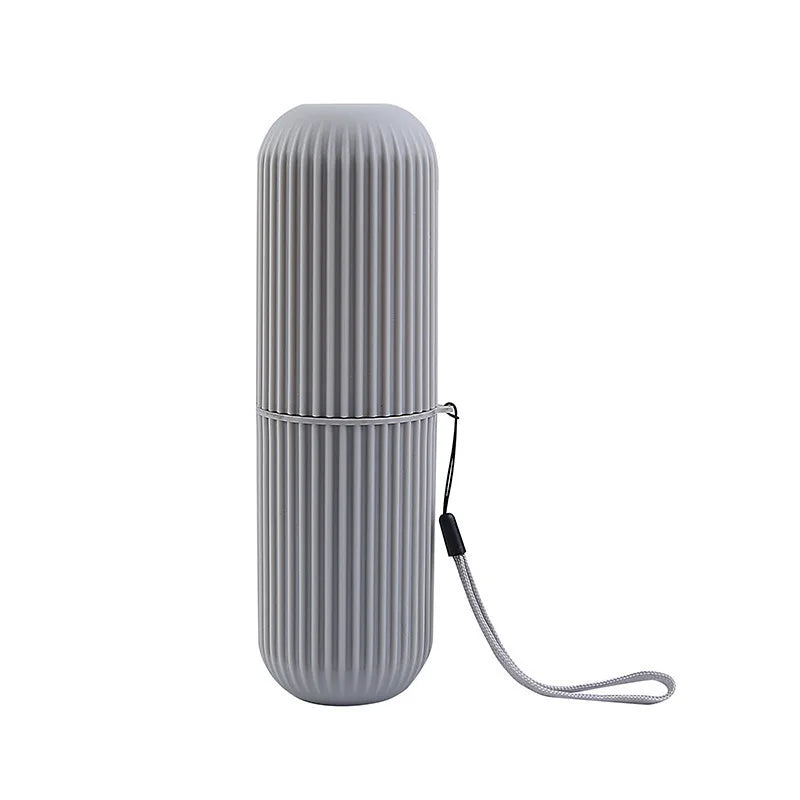 Gray cylindrical container with a strap on a white background