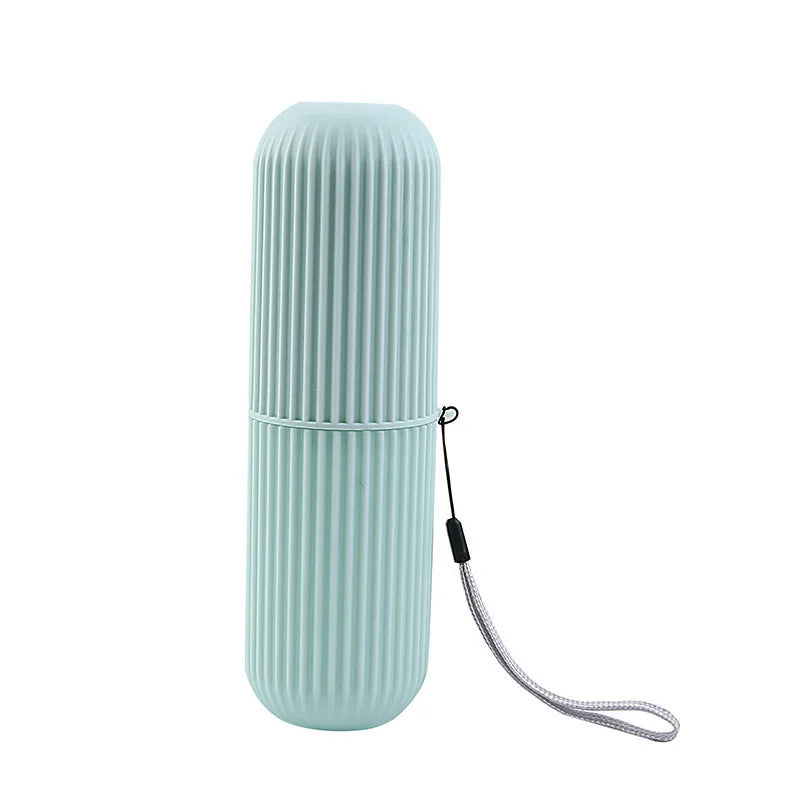 Light blue cylindrical case with a strap on a white background