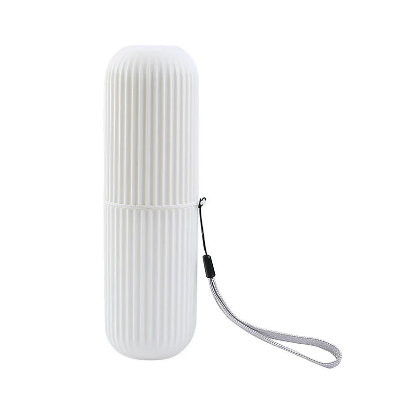 White cylindrical device with a textured surface and lanyard on a white background