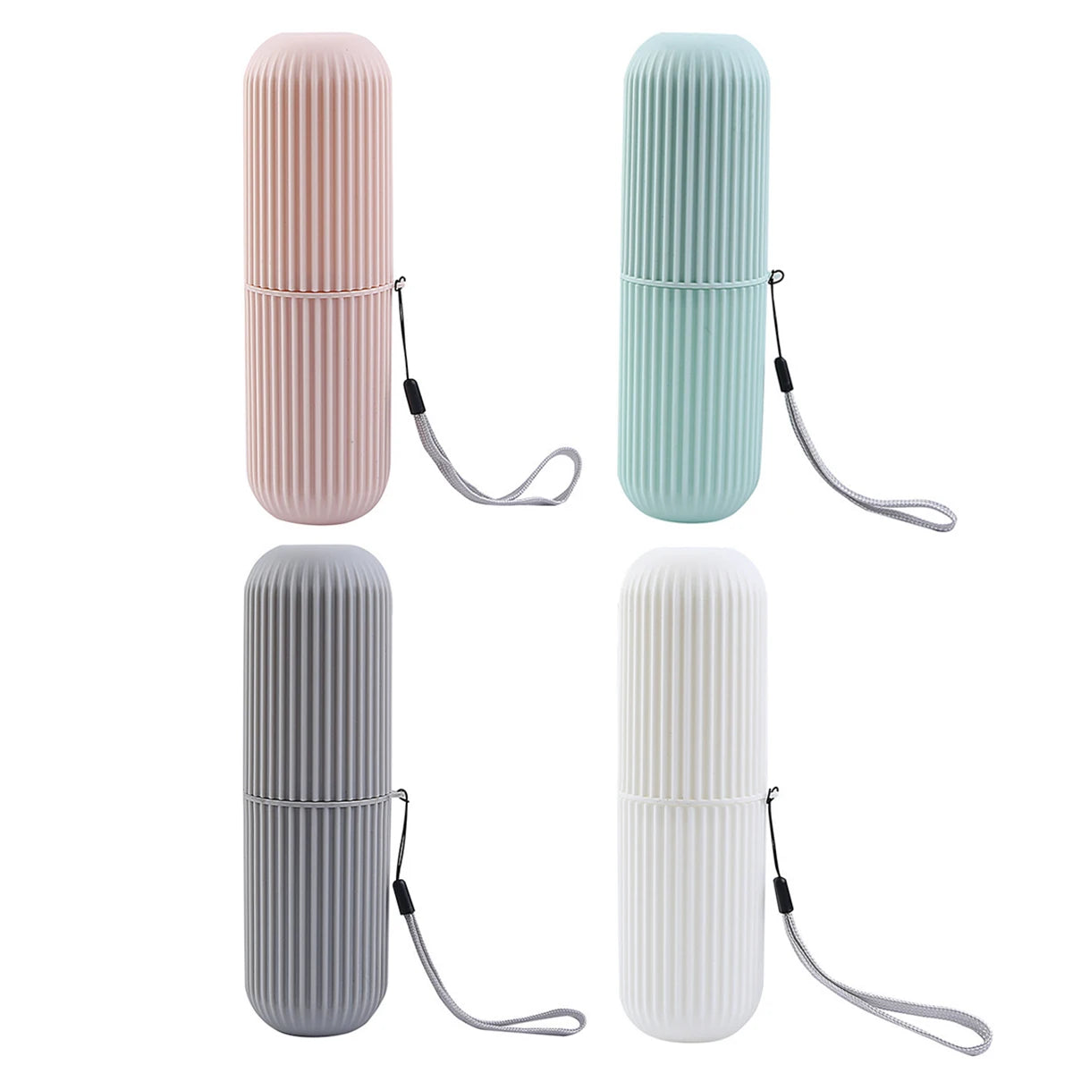 Set of four cylindrical silicone cases with lanyards in pink, blue, gray, and white on a white background.