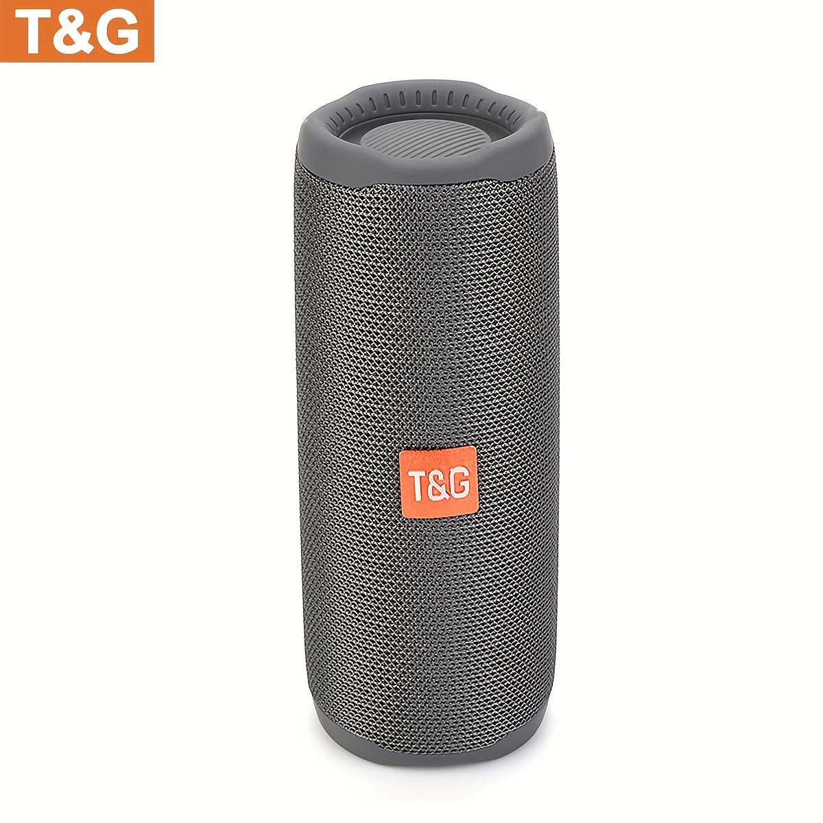 Gray portable speaker with T&G logo on a white background