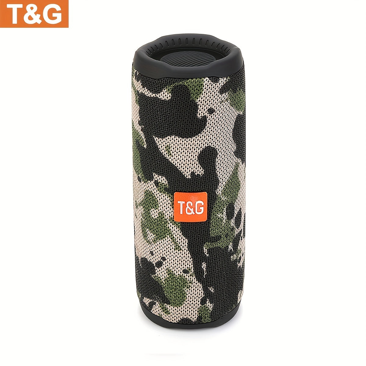 Camouflage-patterned Bluetooth speaker with T&G logo on a white background