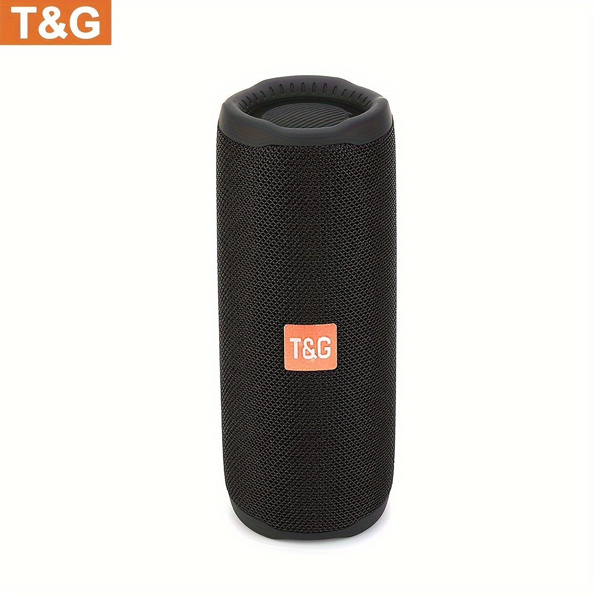 Black portable speaker with T&G logo on a white background