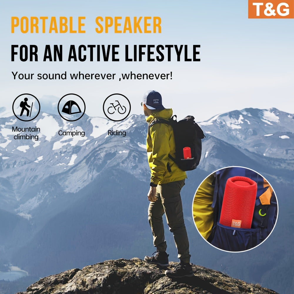 Person on a mountain top with a backpack, promotional text for a portable speaker, and T&G branding.
