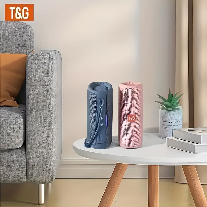 Two T&G branded speakers on a table with a couch and decor in the background