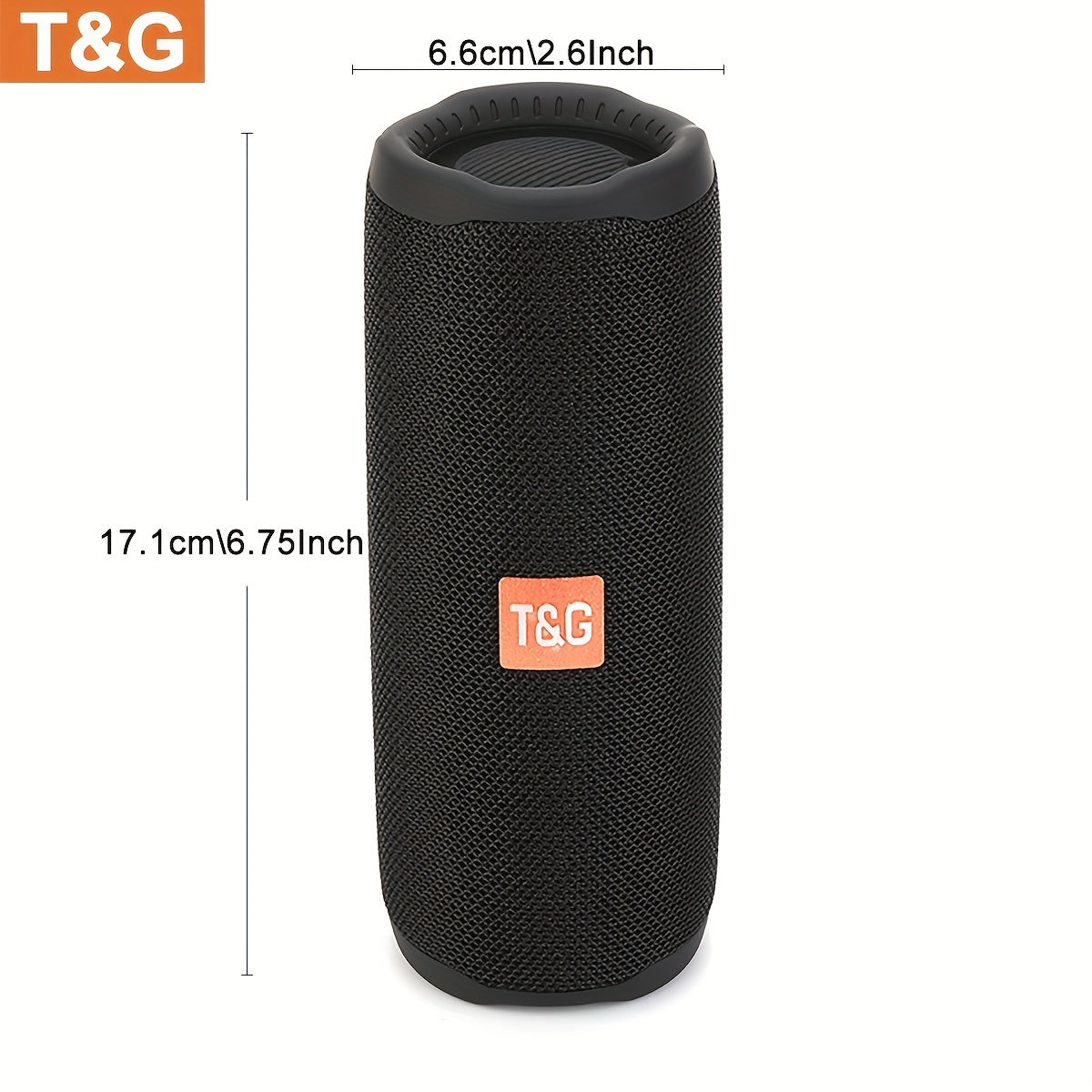 Black portable speaker with T&G branding and dimensions on a white background