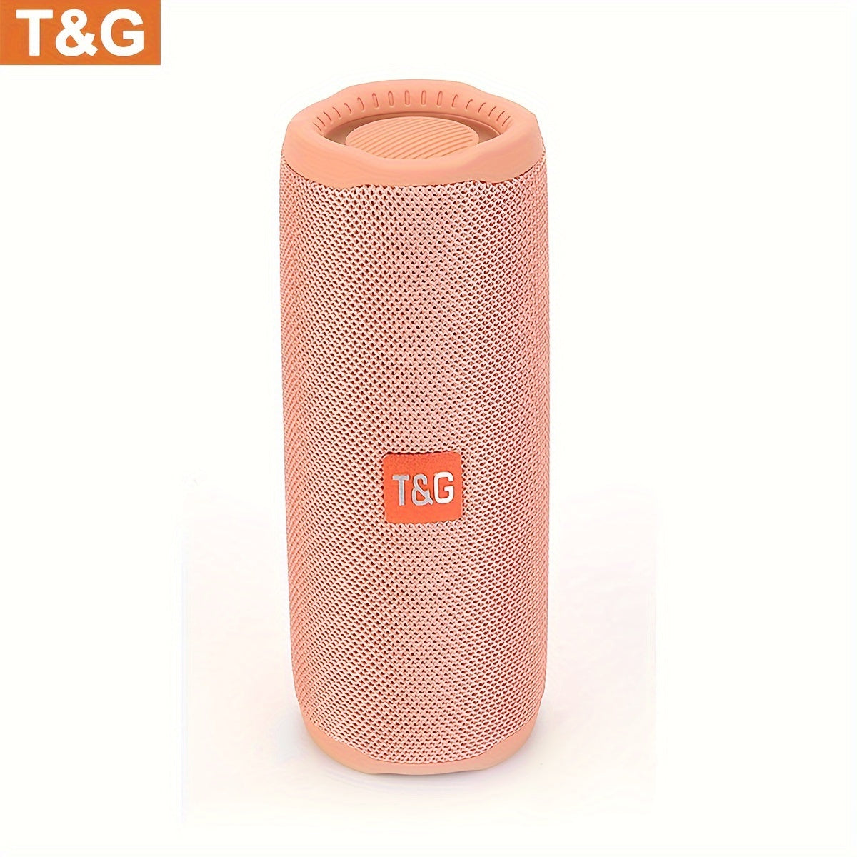 Pink textured portable speaker with T&G logo on a white background