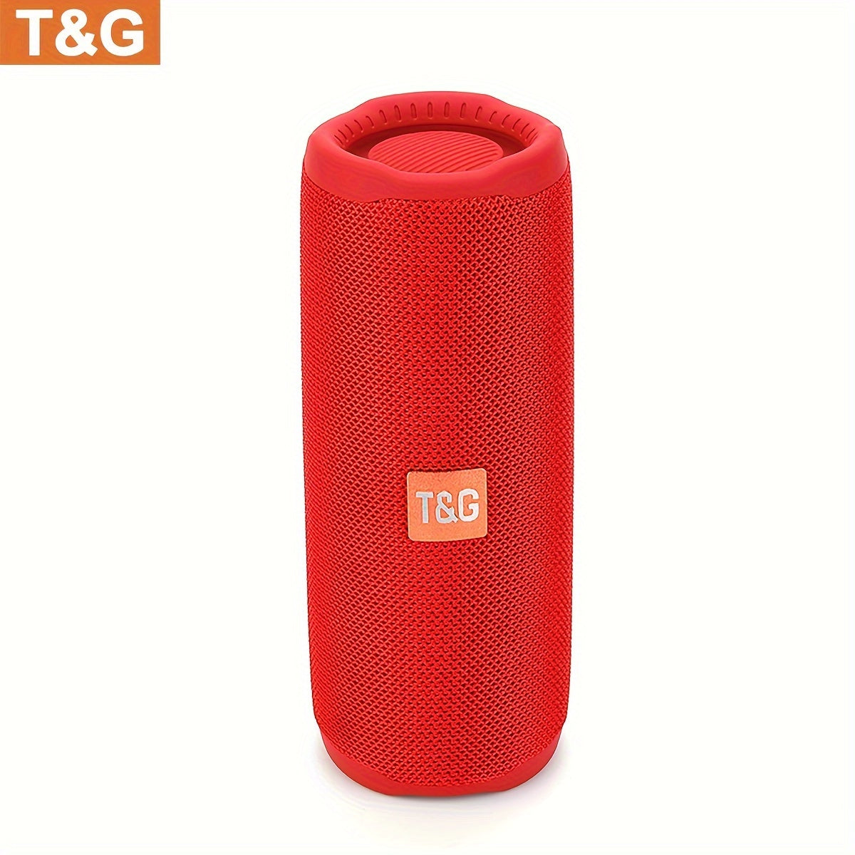 Red portable speaker with T&G logo on a white background