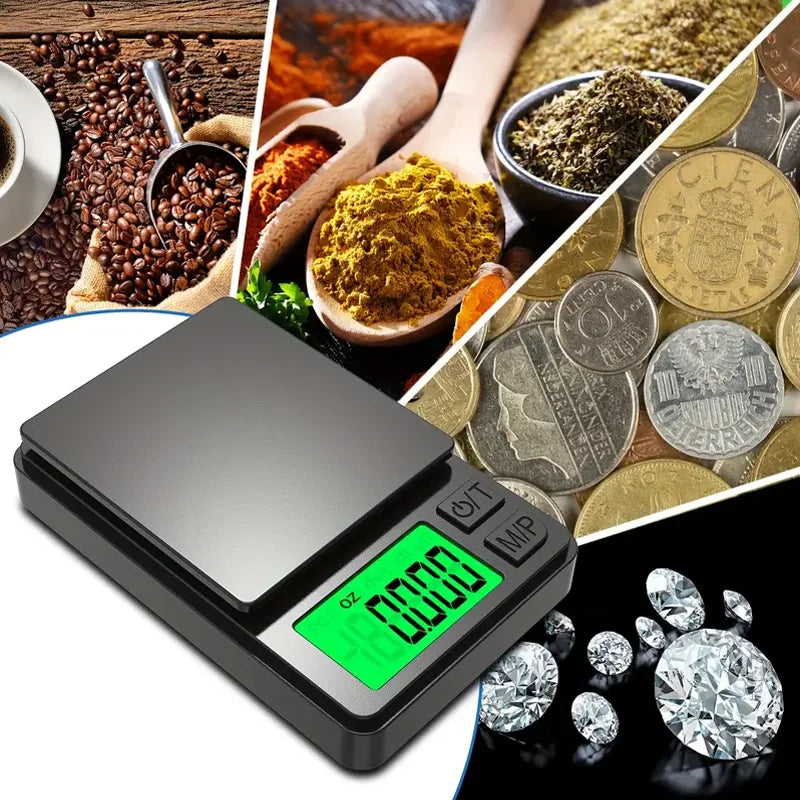 Digital pocket scale with a collage of coffee beans, spices, coins, and diamonds.