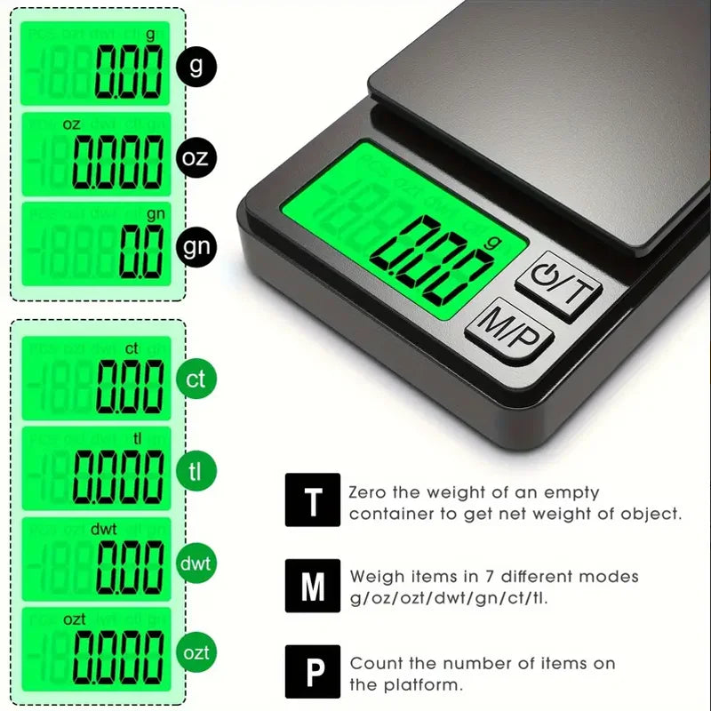Digital pocket scale with green display and various measurement modes on a white background