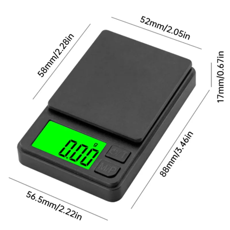 Black digital pocket scale with green display and dimensions labeled