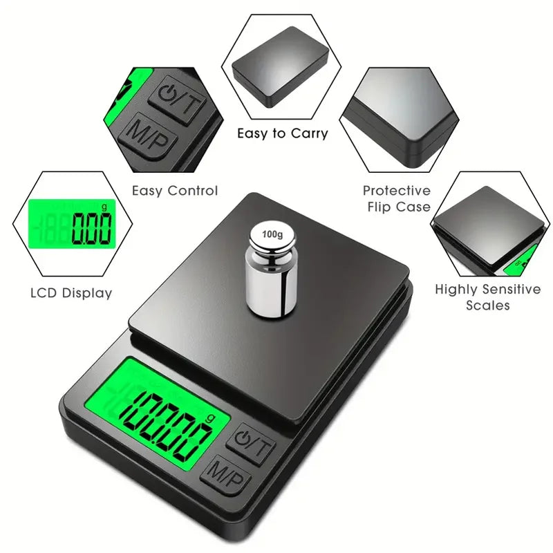 Digital pocket scale with features highlighted on a white background