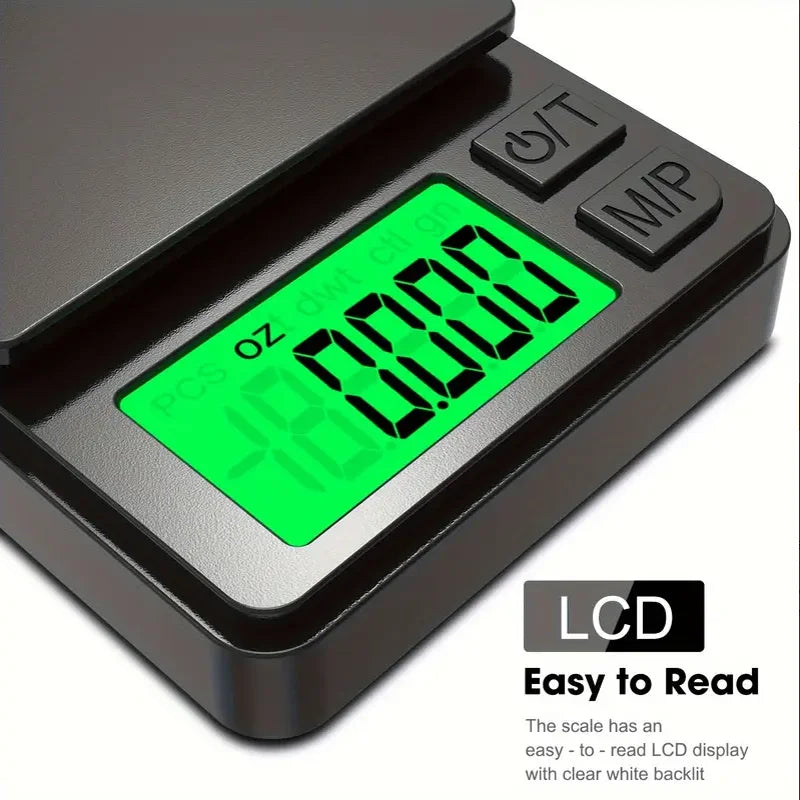 Digital scale with a green LCD display on a white background