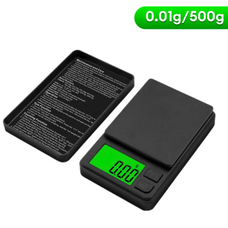Black digital pocket scale with green display on a white background