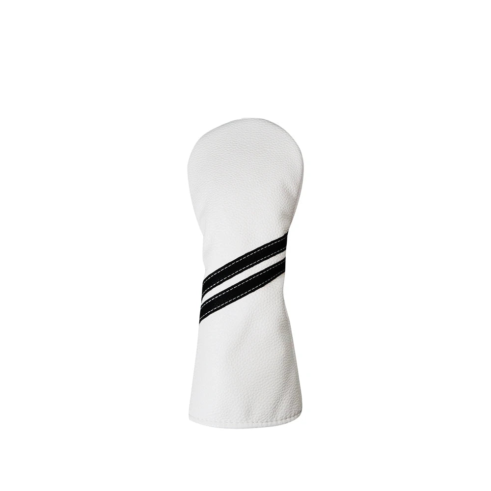 White golf club head cover with black stripes on a white background