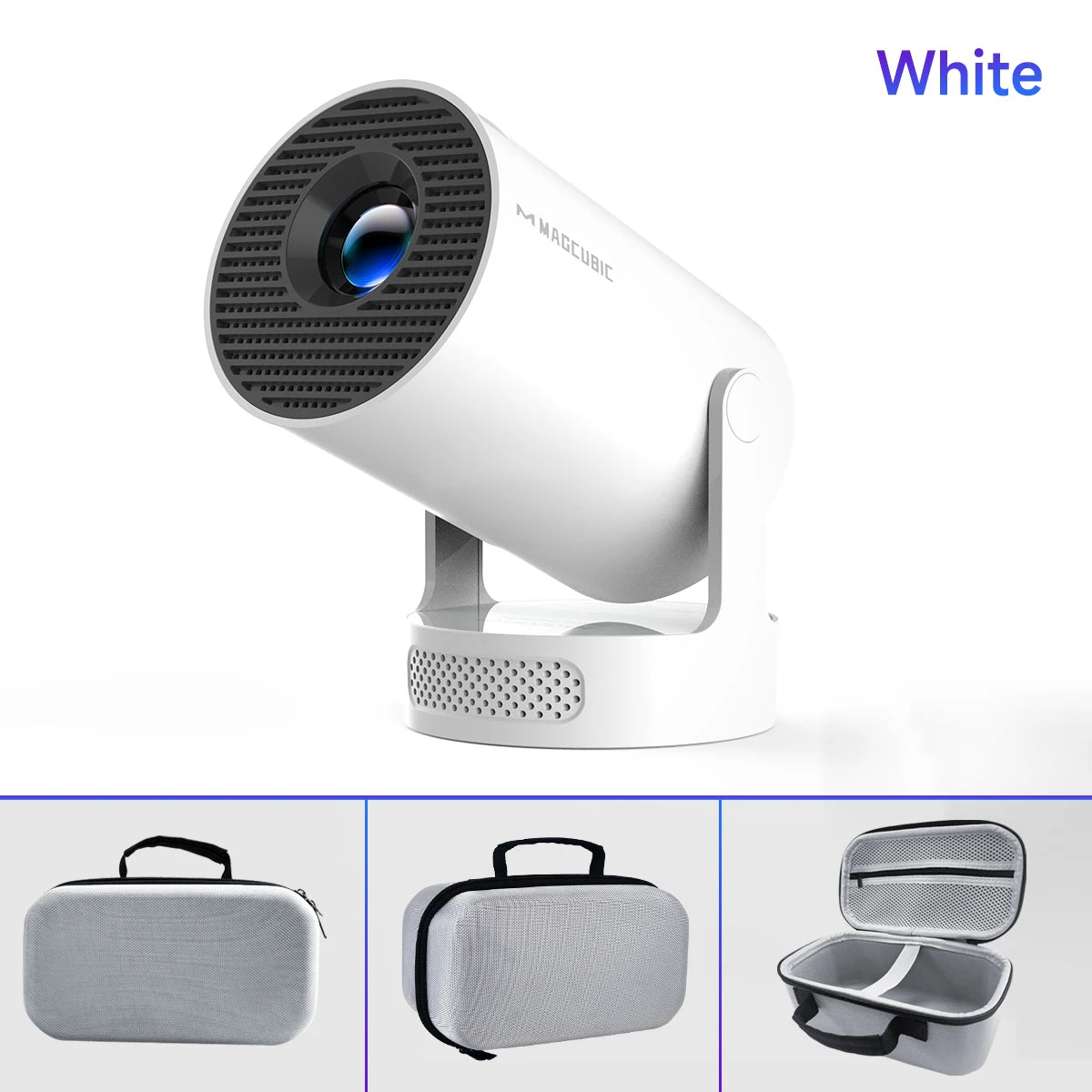 White camera with carrying case on a white background