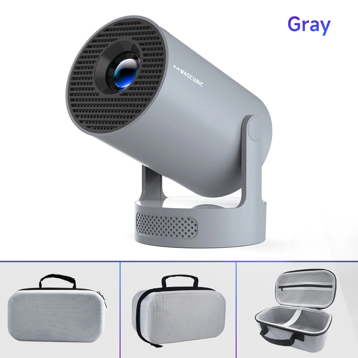 Gray projector with carrying case on a white background