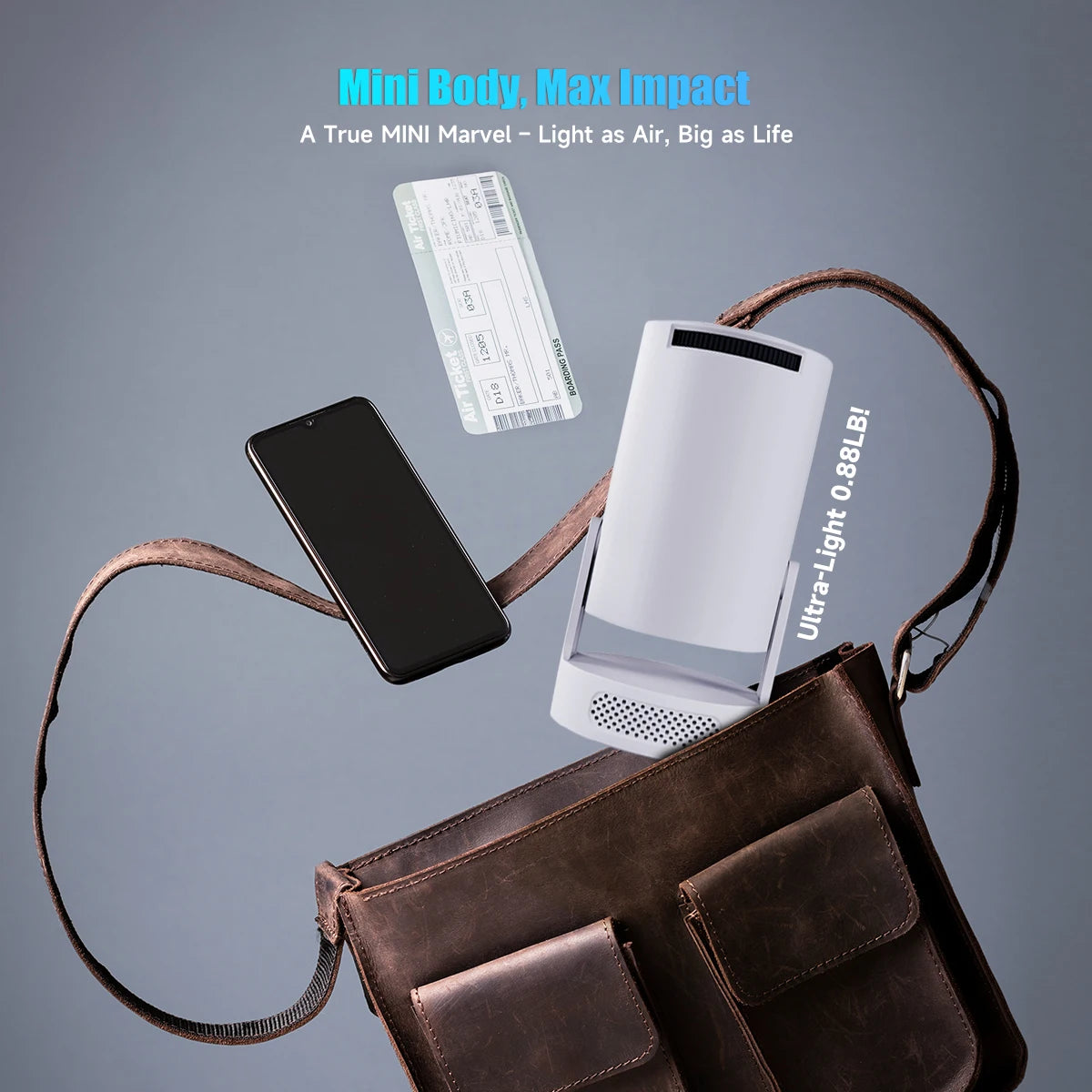 Small electronic device on a strap with a phone and ruler for scale, against a gray background.