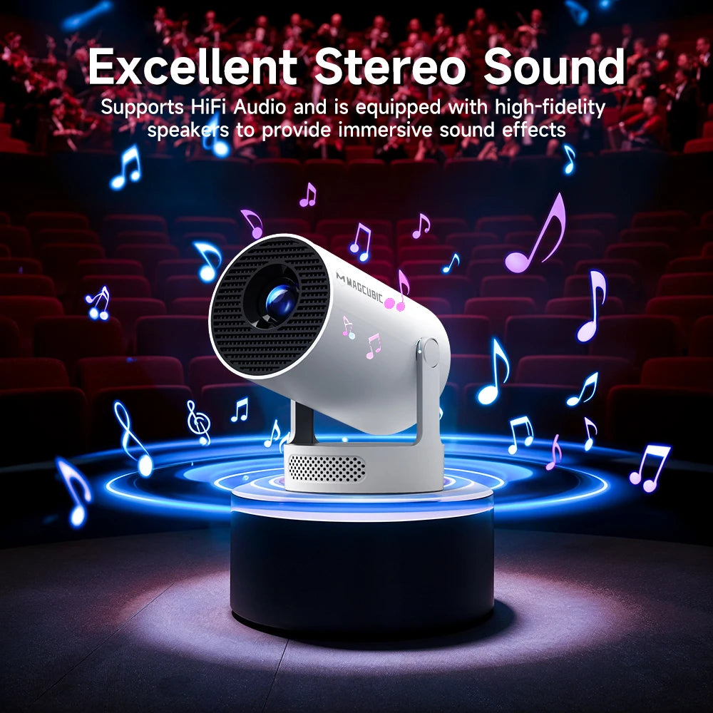 White speaker with musical notes in a theater setting, emphasizing stereo sound quality.