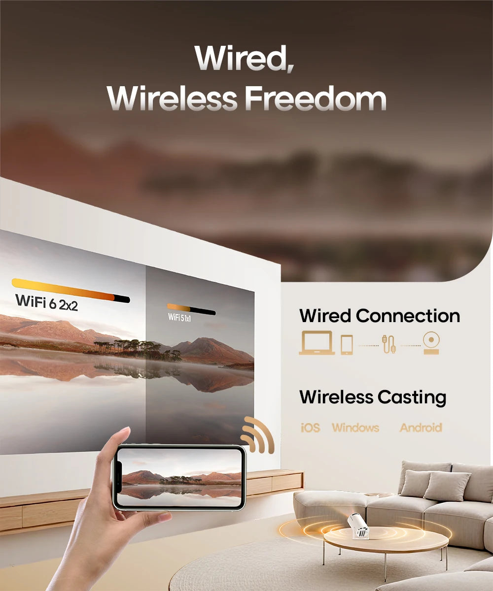 Living room scene with a TV, smartphone, and sofa, featuring text about wired and wireless connections.