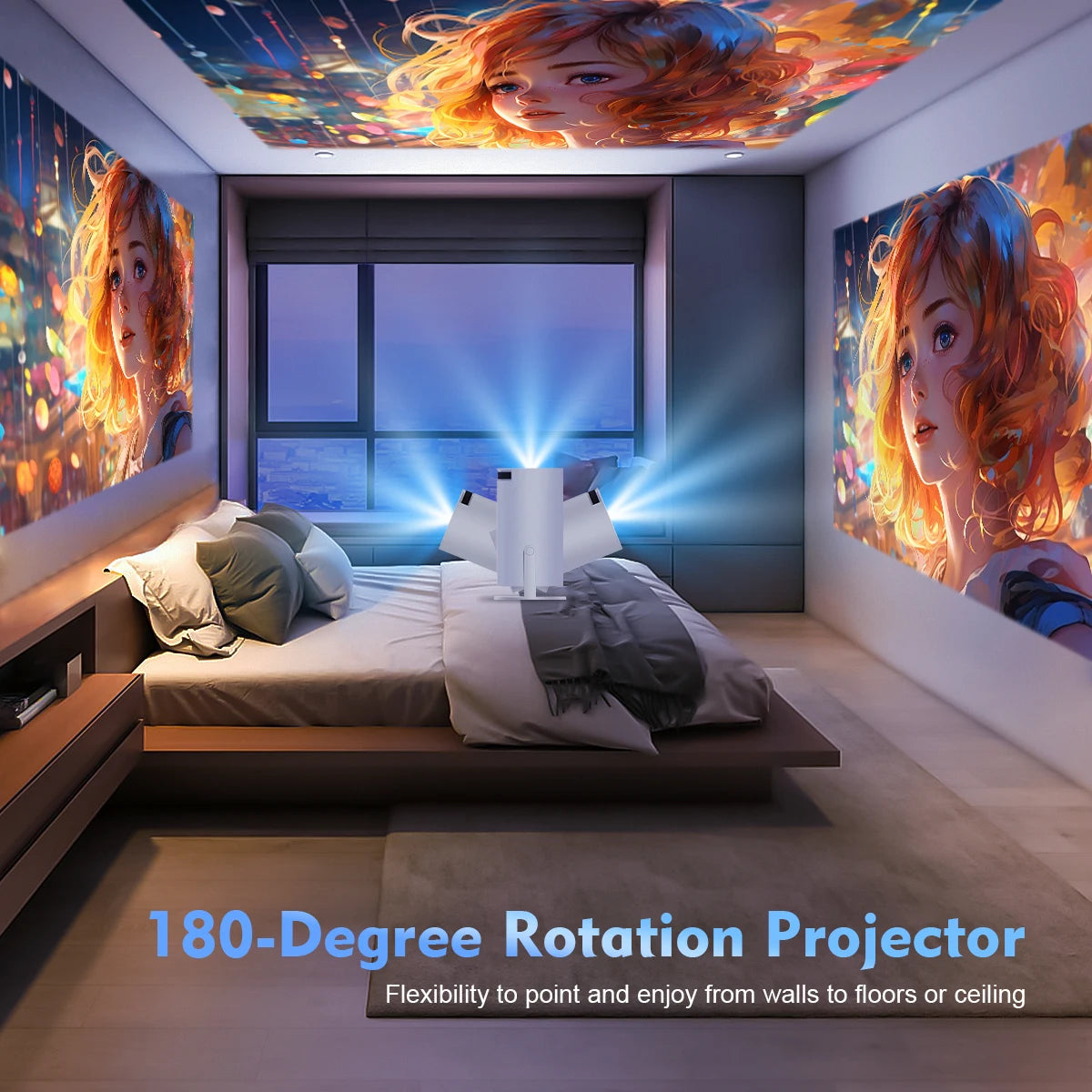 Modern bedroom with ceiling and wall projections of an animated character, featuring a 180-degree rotation projector.