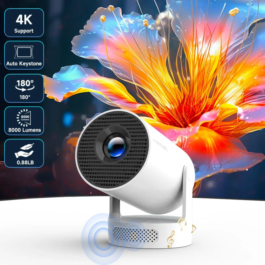 White projector with colorful display in the background, featuring Magcubic branding and specifications.