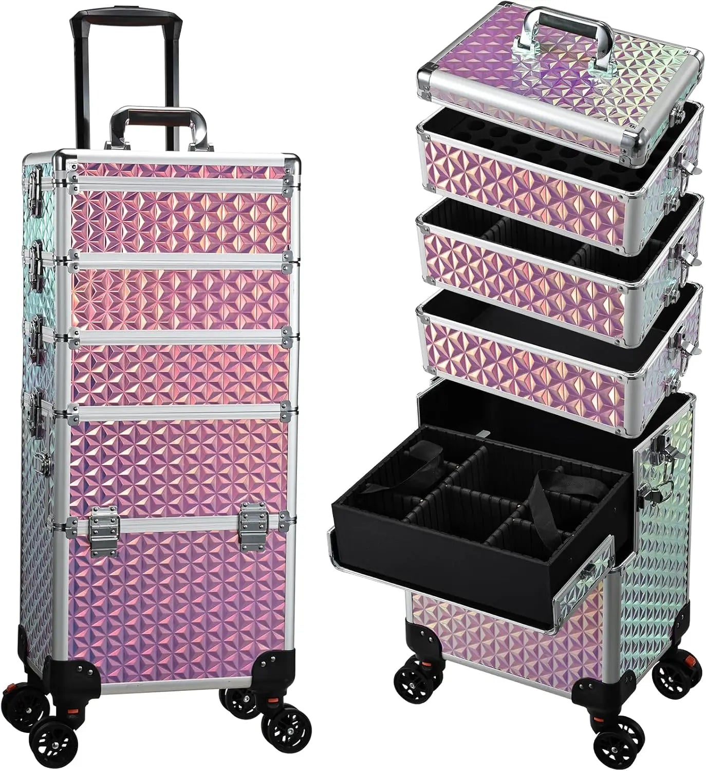 Set of cosmetic trolleys with geometric patterned design on a white background