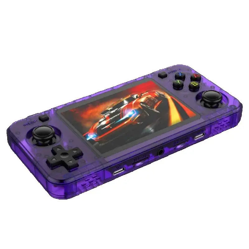 Purple handheld gaming console with screen displaying a game on a white background