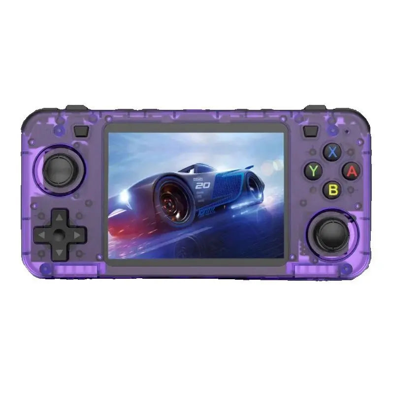 Purple handheld gaming console with screen displaying a racing game on a white background
