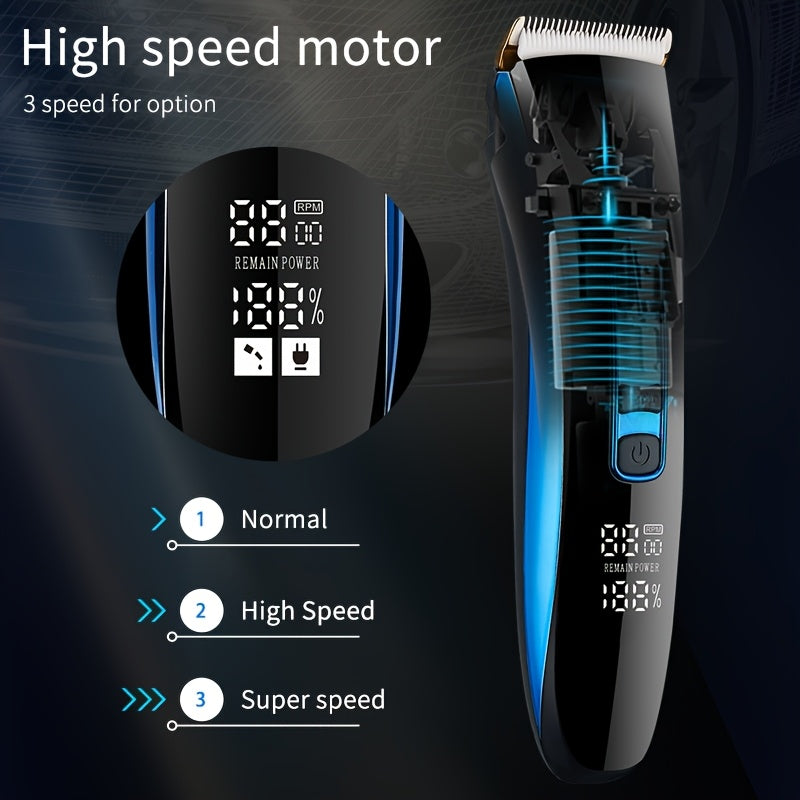 Hair trimmer with digital display and speed options on a dark background