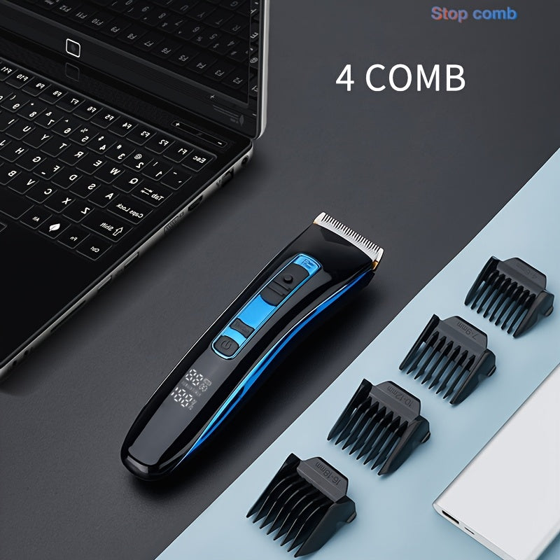 Hair trimmer with attachments on a dark surface next to a laptop