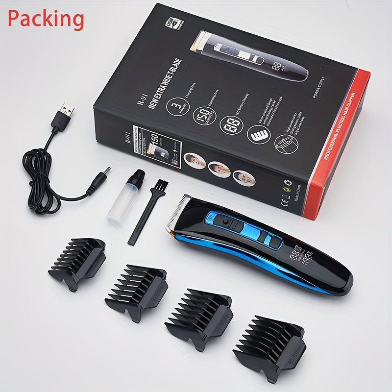 Hair trimmer set with packaging, attachments, and USB cable on a white background