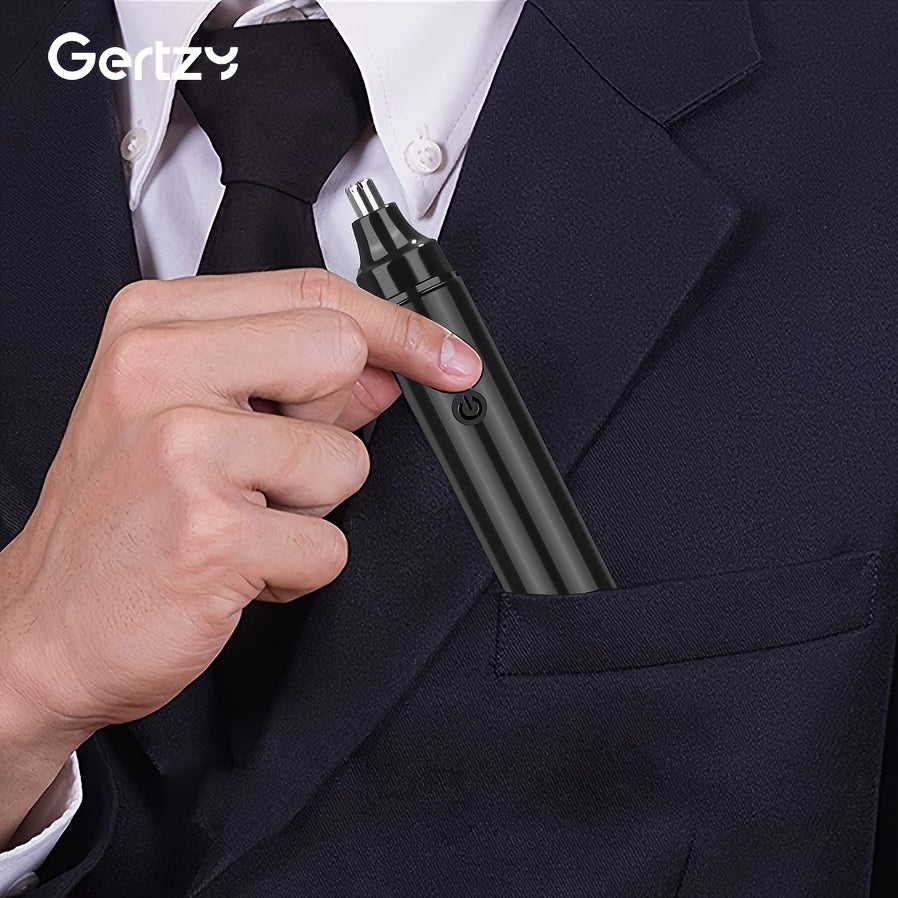 Hand holding a black grooming tool against a suit background with Gertzy branding.