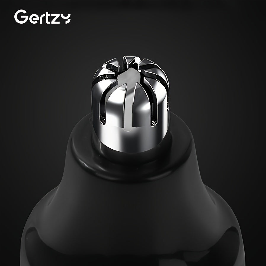 Close-up of a black and silver grooming tool with 'Gertzy' branding on a dark background