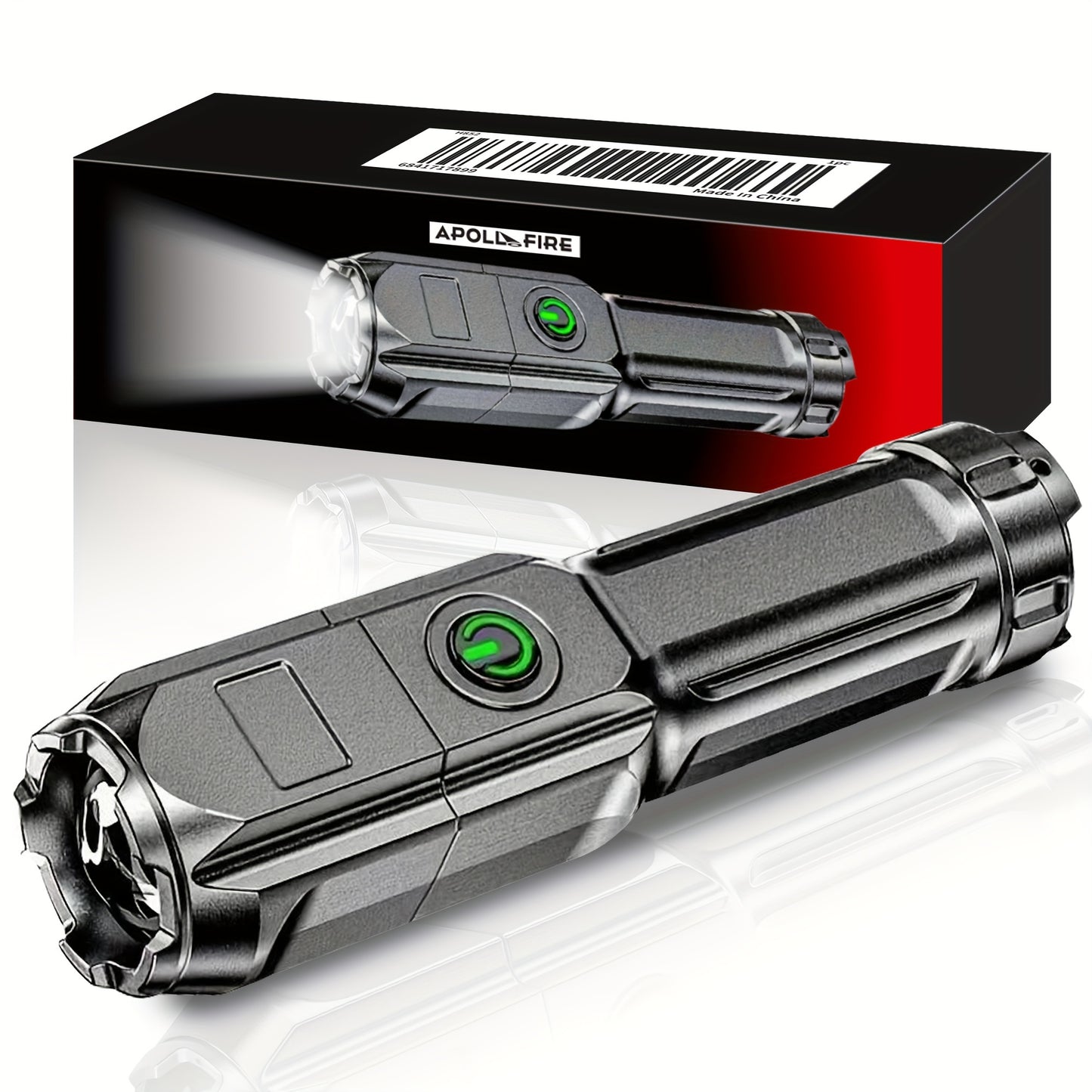 Black flashlight with green accents on a white background, featuring Apollo Fire branding.