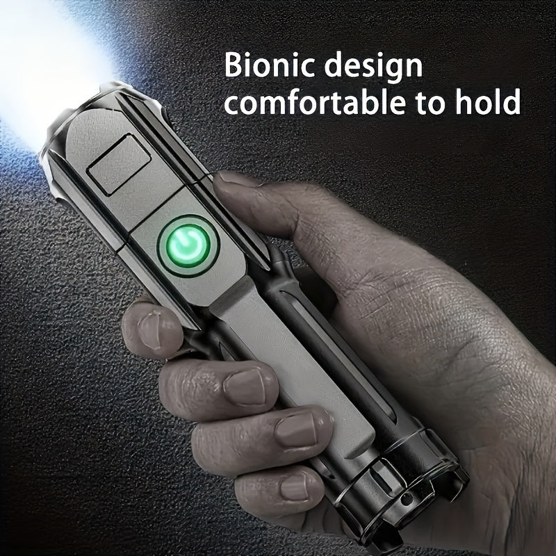Hand holding a futuristic weapon with a green light, labeled 'Bionic design comfortable to hold'.