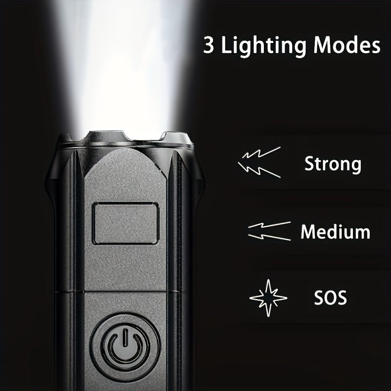 Flashlight with three lighting modes labeled on a black background